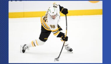 Boston Bruins right wing David Pastrnak (88) shoots the puck during the overtime in an NHL hockey game against the Washington Capitals, Saturday, March 14, 2026, in Washington. (AP Photo/Nick Wass)
