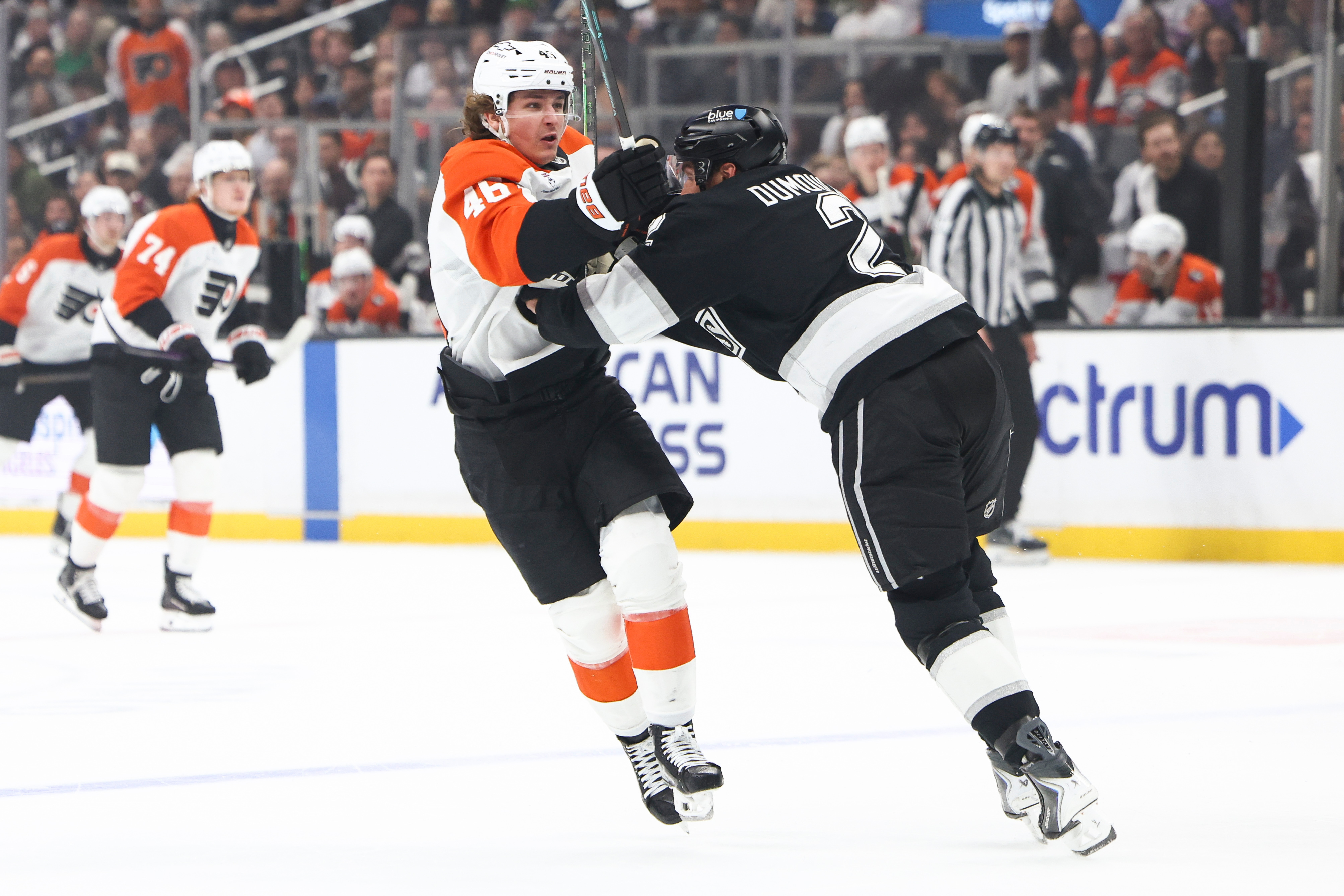 Philadelphia Flyers center Trevor Zegras (46) battles against Kings defenseman...