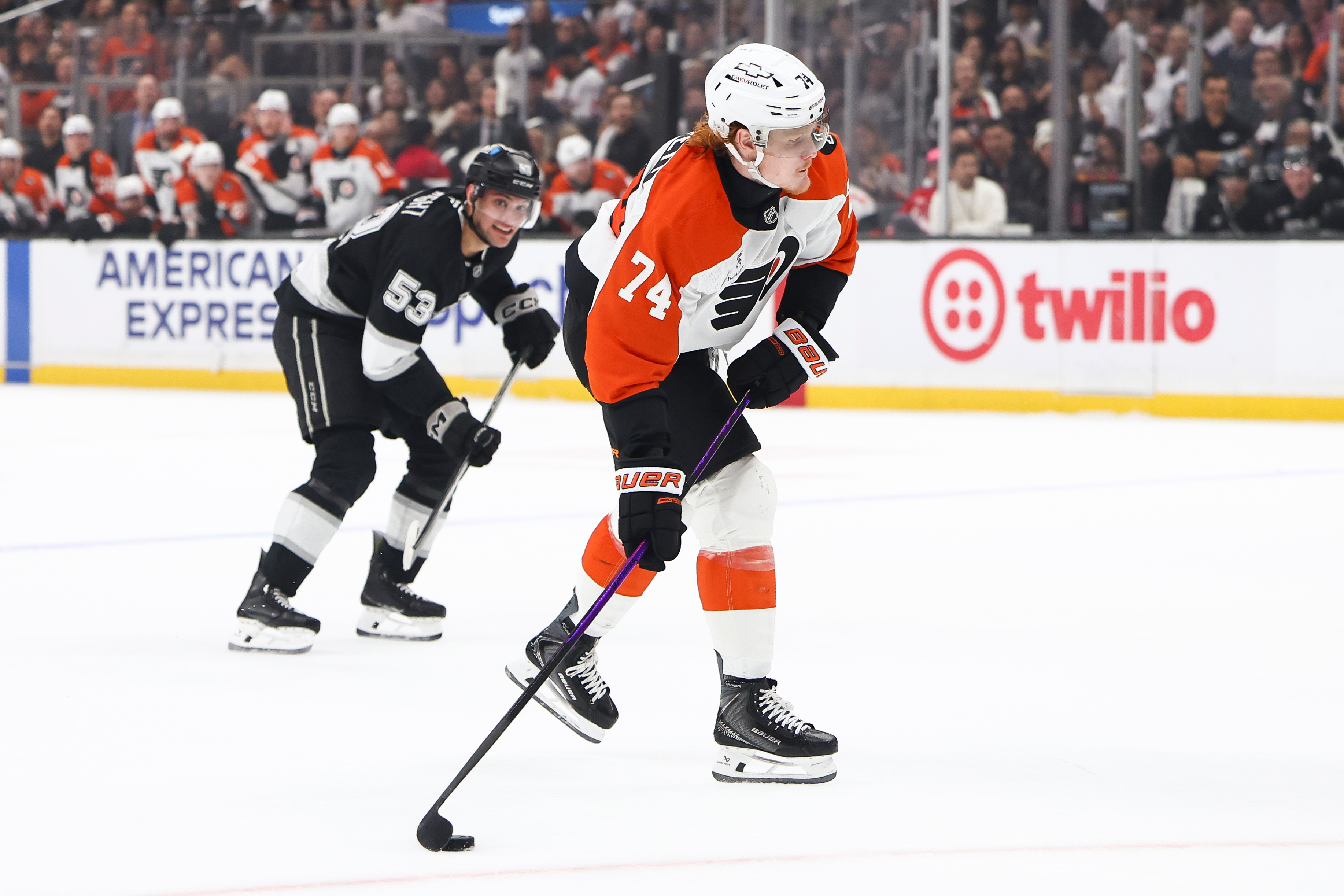 Philadelphia Flyers right wing Owen Tippett (74) skates with the...