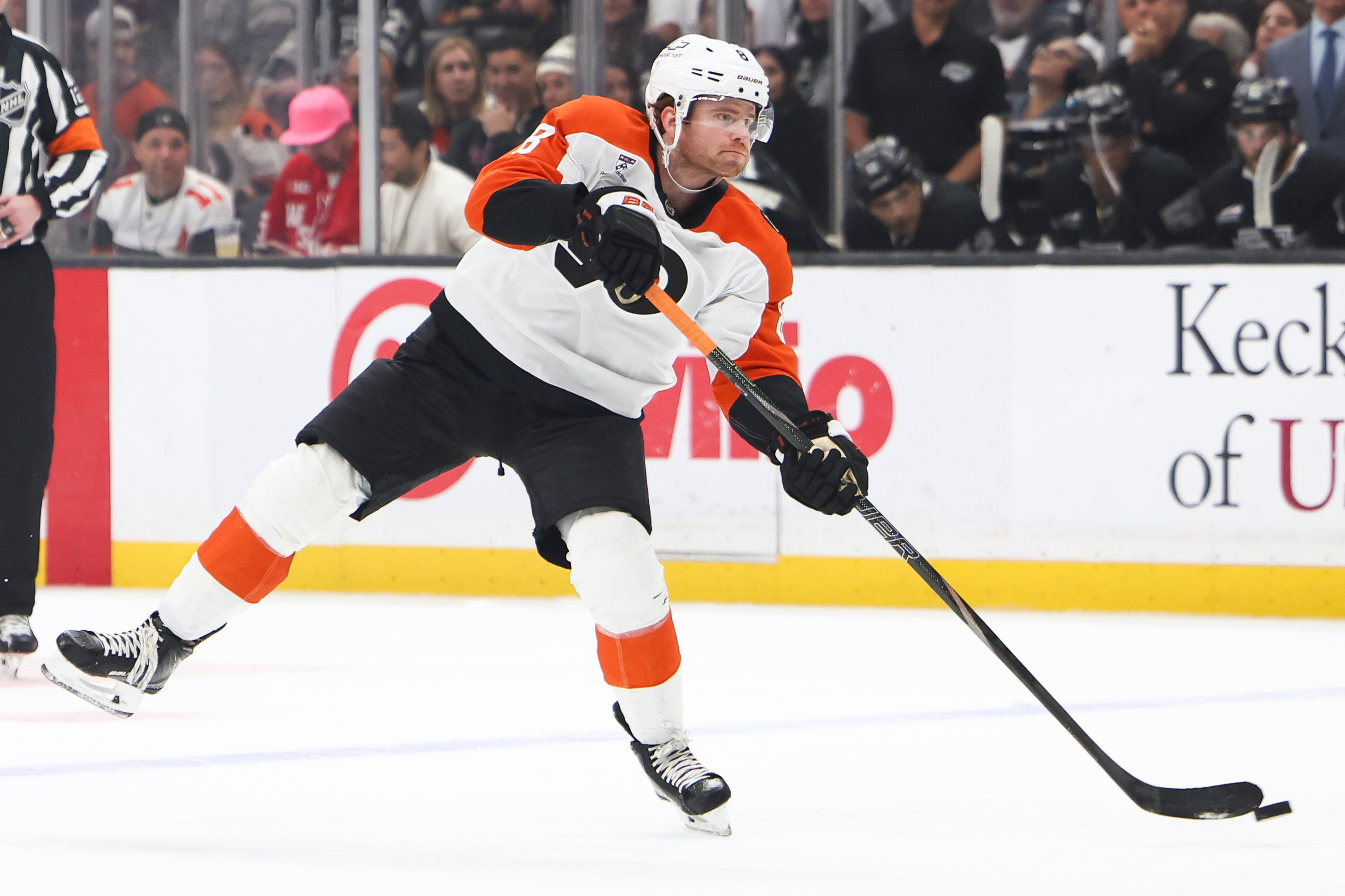 Philadelphia Flyers defenseman Cam York shoots during the first period...