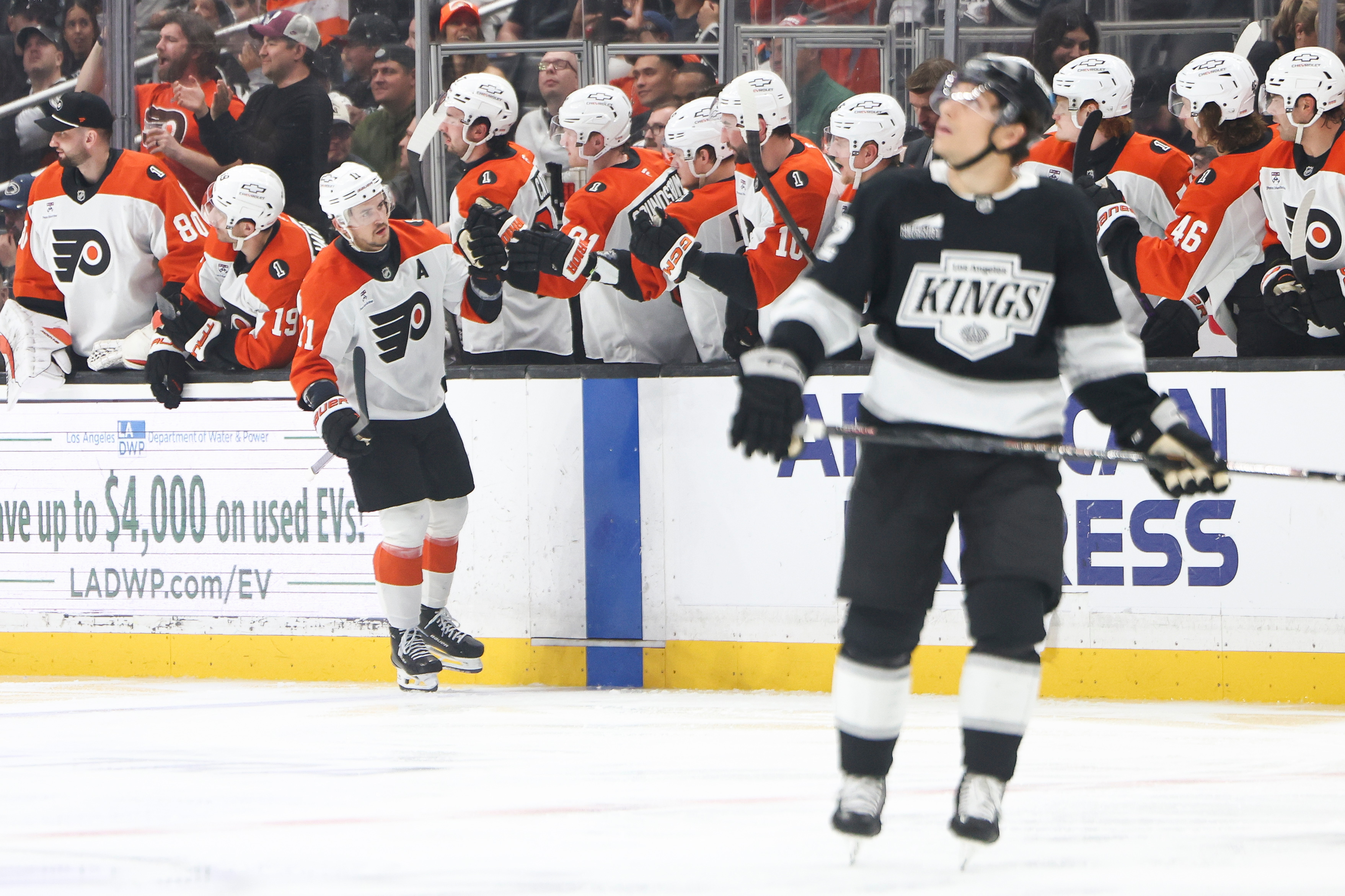 Philadelphia Flyers right wing Travis Konecny (11) celebrates with his...
