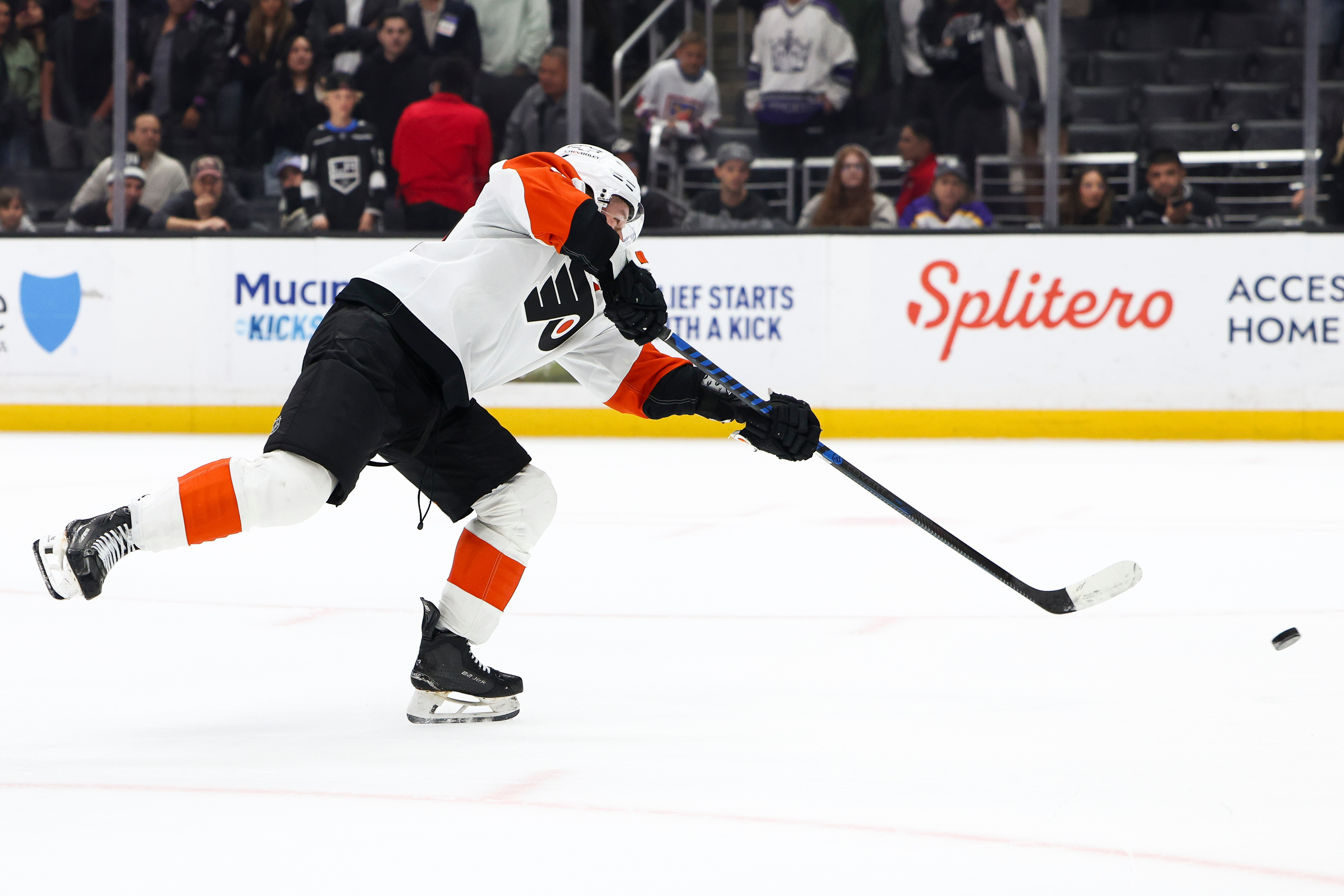 Philadelphia Flyers right wing Matvei Michkov shoots during a shootout...