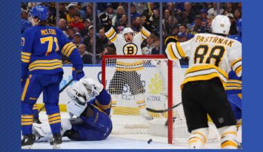 Boston Bruins left wing Viktor Arvidsson (71) ,center, celebrates his goal during the second period of an NHL hockey game against the Buffalo Sabres Wednesday, March 25, 2026, in Buffalo, N.Y. (AP Photo/Jeffrey T. Barnes)