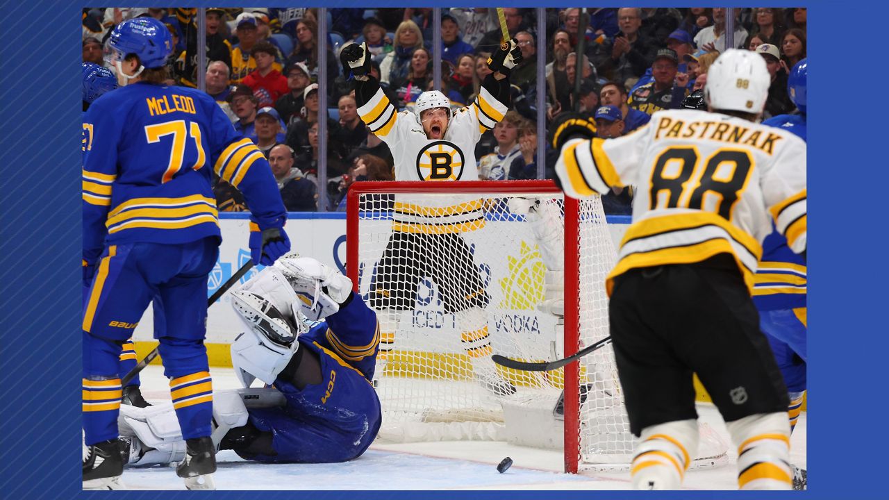 Boston Bruins left wing Viktor Arvidsson (71) ,center, celebrates his goal during the second period of an NHL hockey game against the Buffalo Sabres Wednesday, March 25, 2026, in Buffalo, N.Y. (AP Photo/Jeffrey T. Barnes)