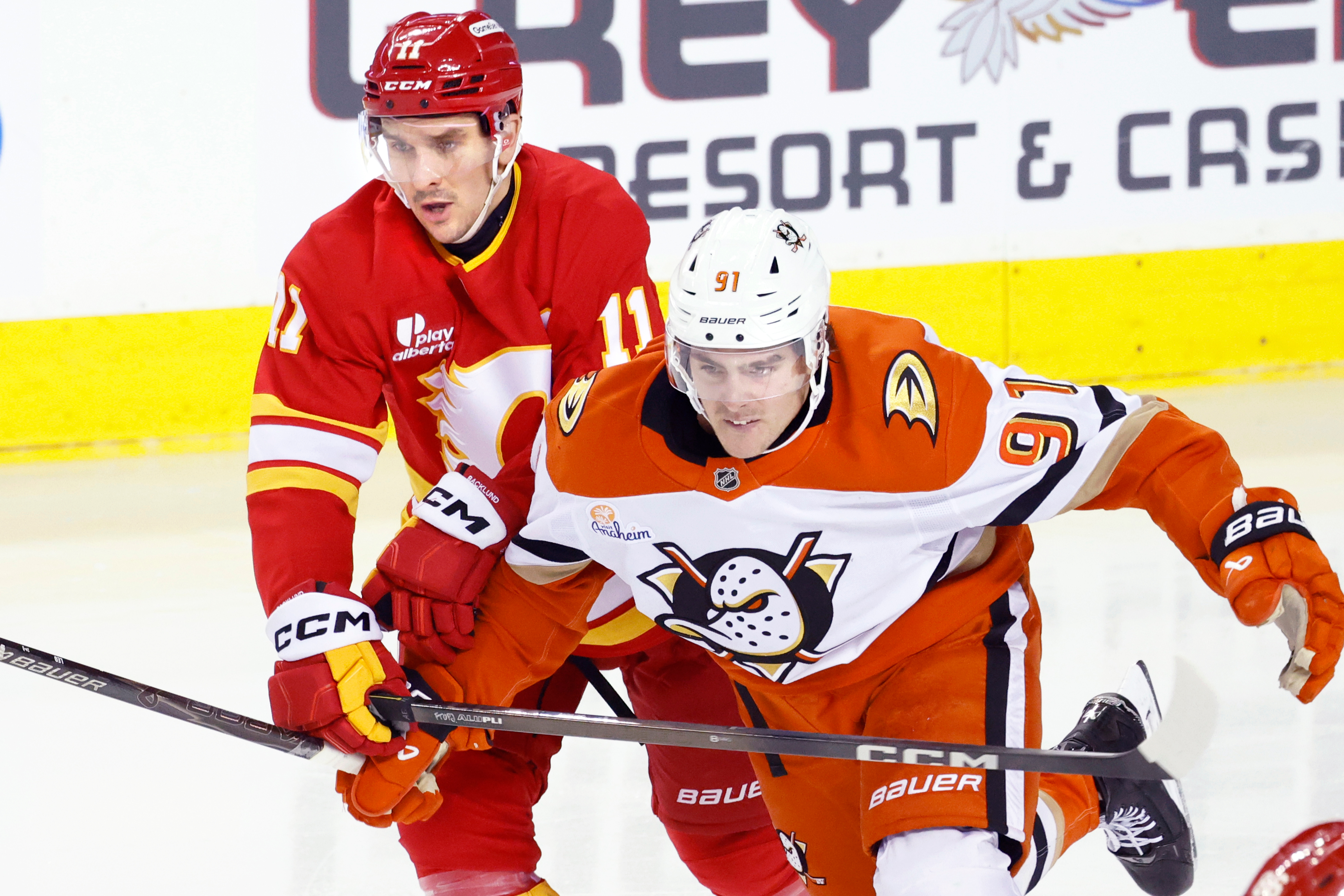 The Ducks’ Leo Carlsson, right, battles with the Calgary Flames’...