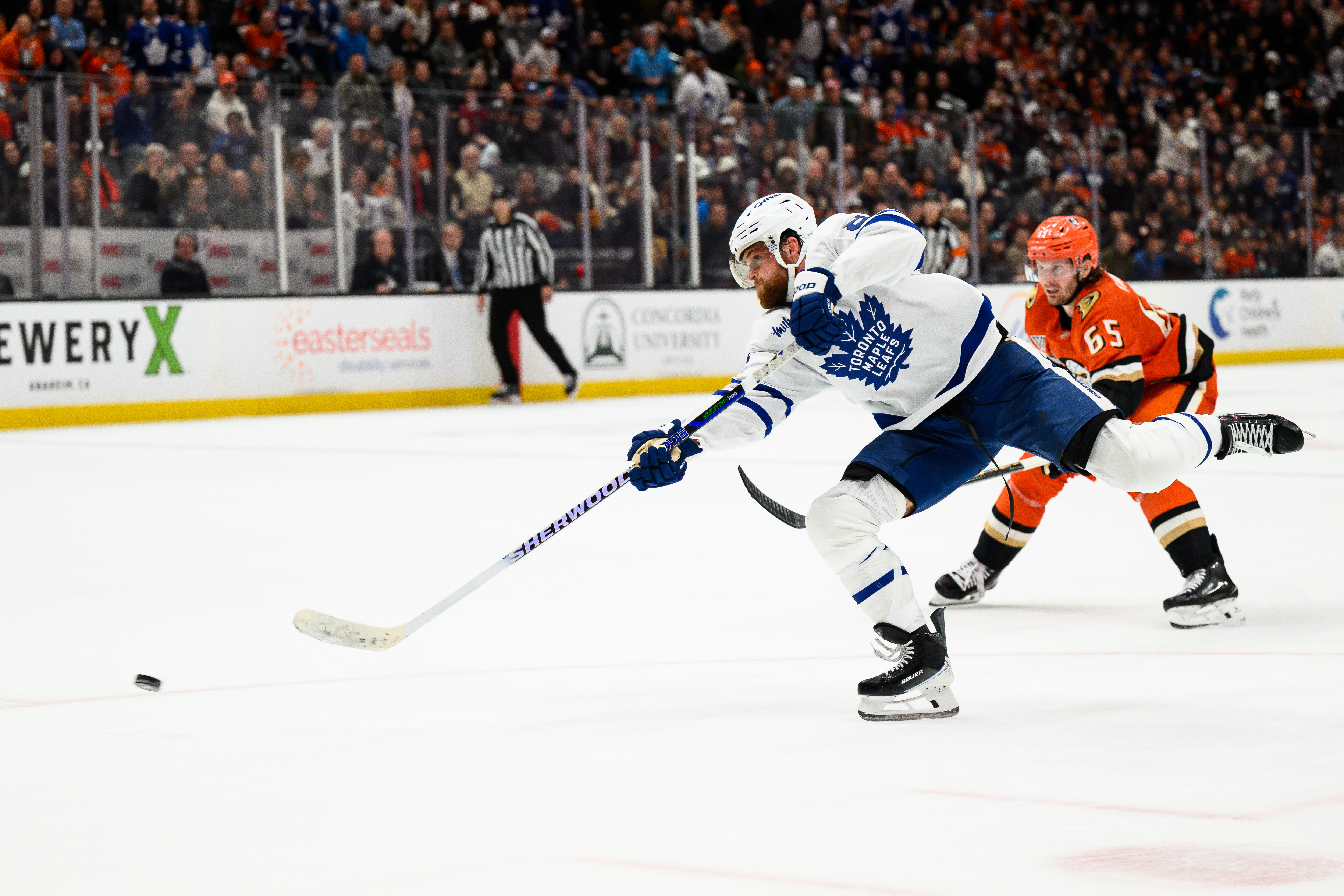 Toronto Maple Leafs right wing William Nylander shoots the puck...