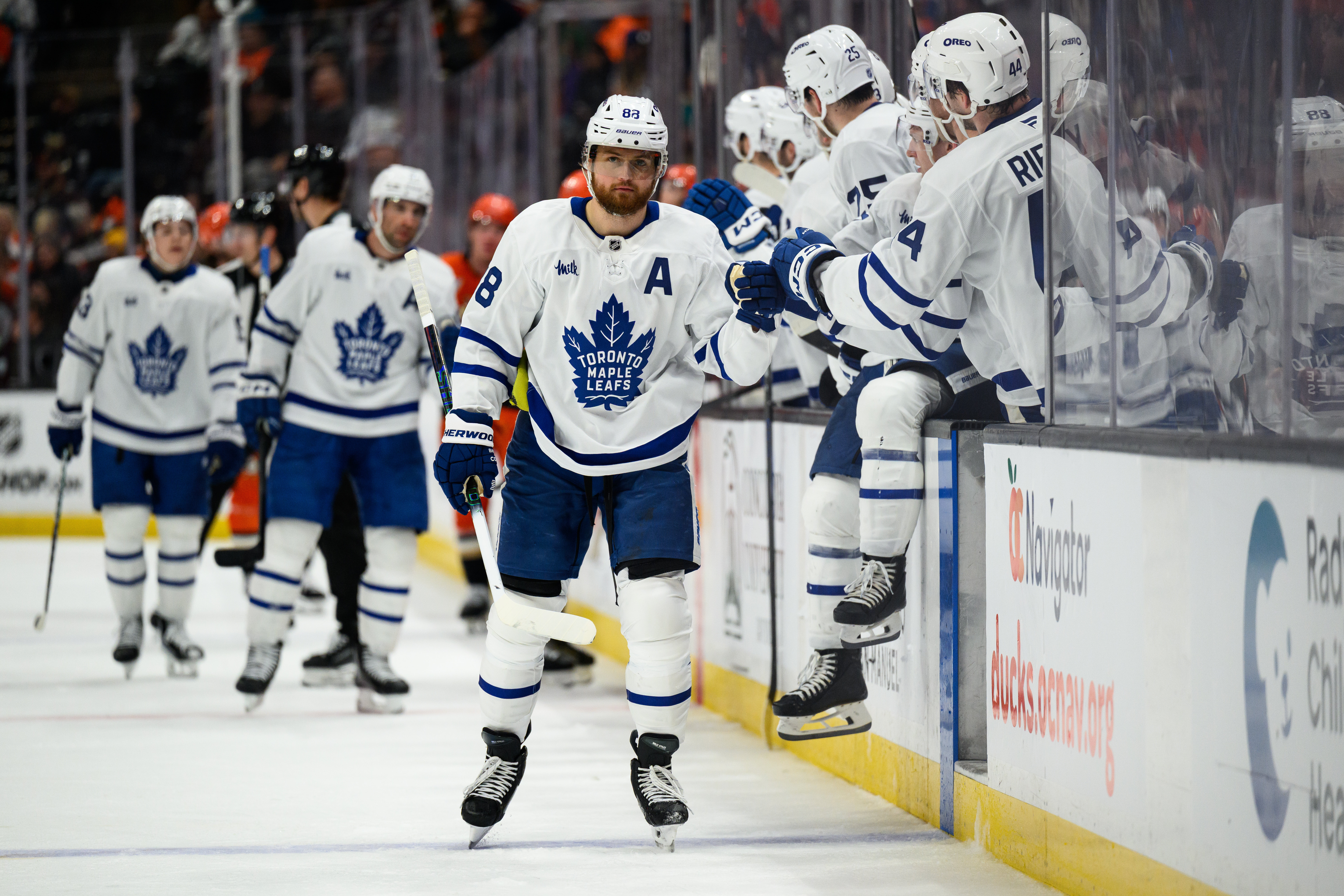 Toronto Maple Leafs right wing William Nylander (88) greets teammates...