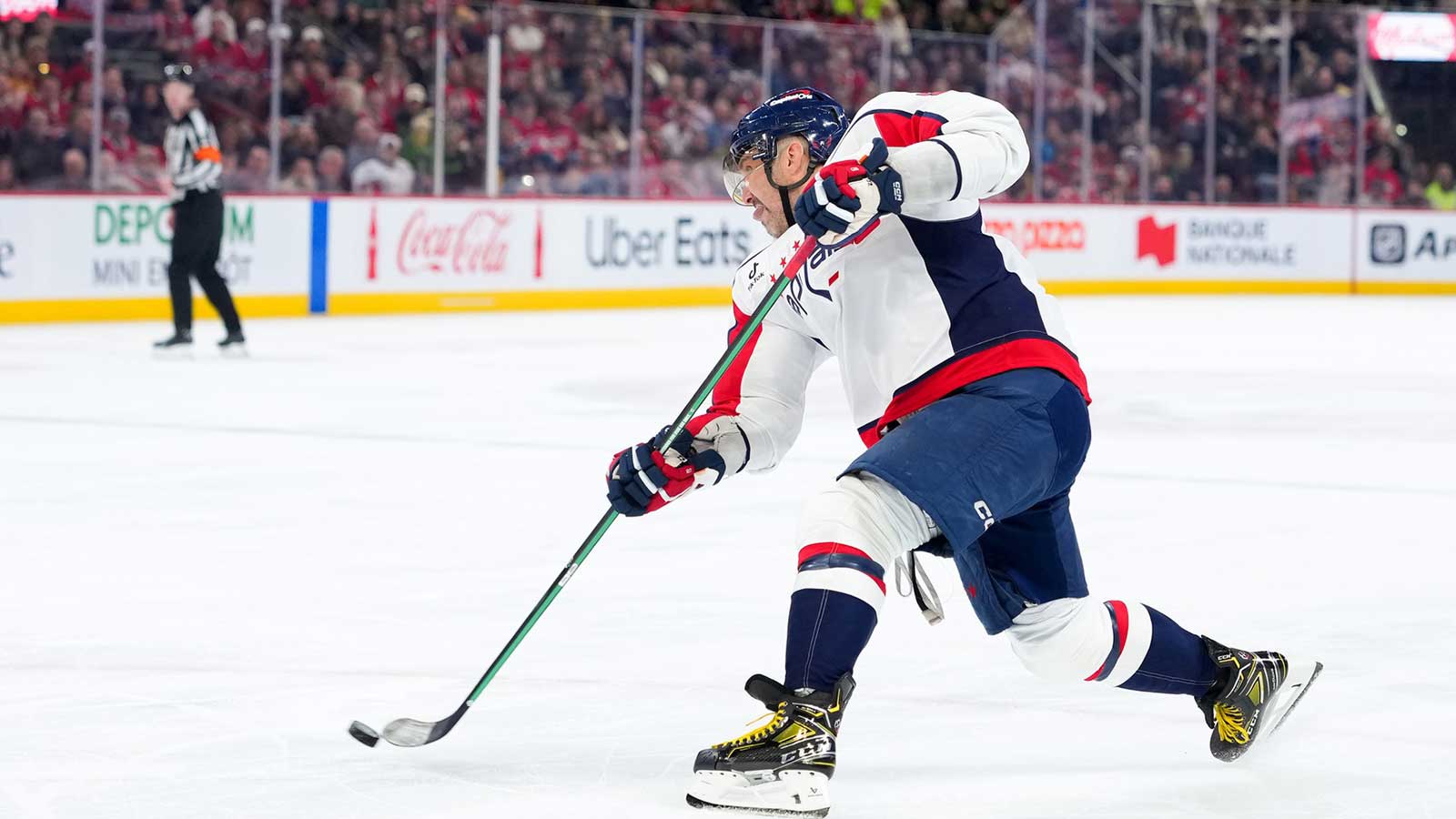 Washington Capitals forward Alex Ovechkin (8) takes a shot on net during the first period of the game against the Montreal Canadiens at the Bell Centre.