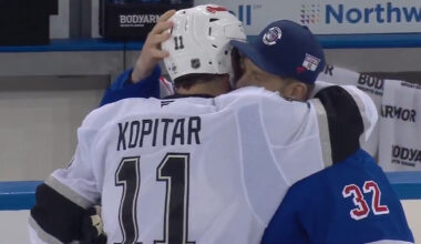 Anze Kopitar and Jonathan hugging after a game