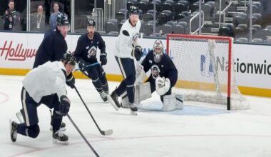 Columbus Blue Jackets players on the ice at Nationwide Arena on Saturday, Feb. 27, 2026, in Columbus, Ohio, ahead of the team’s first home game following the Olympic break. (Spectrum News 1 / Saima Khan)