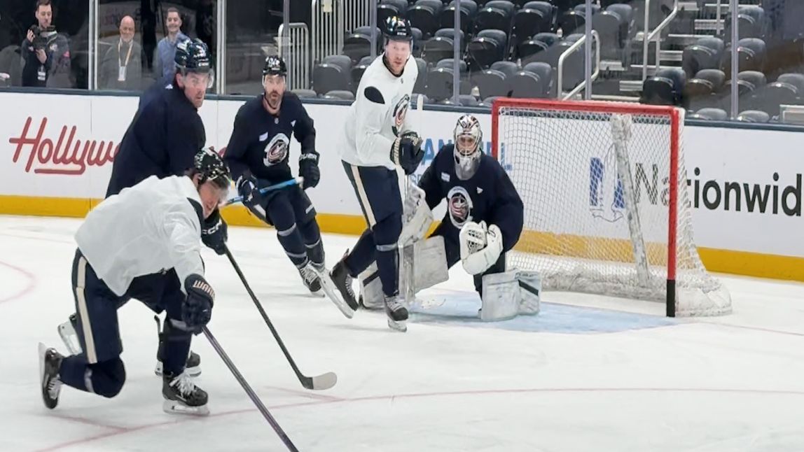Columbus Blue Jackets players on the ice at Nationwide Arena on Saturday, Feb. 27, 2026, in Columbus, Ohio, ahead of the team’s first home game following the Olympic break. (Spectrum News 1 / Saima Khan)