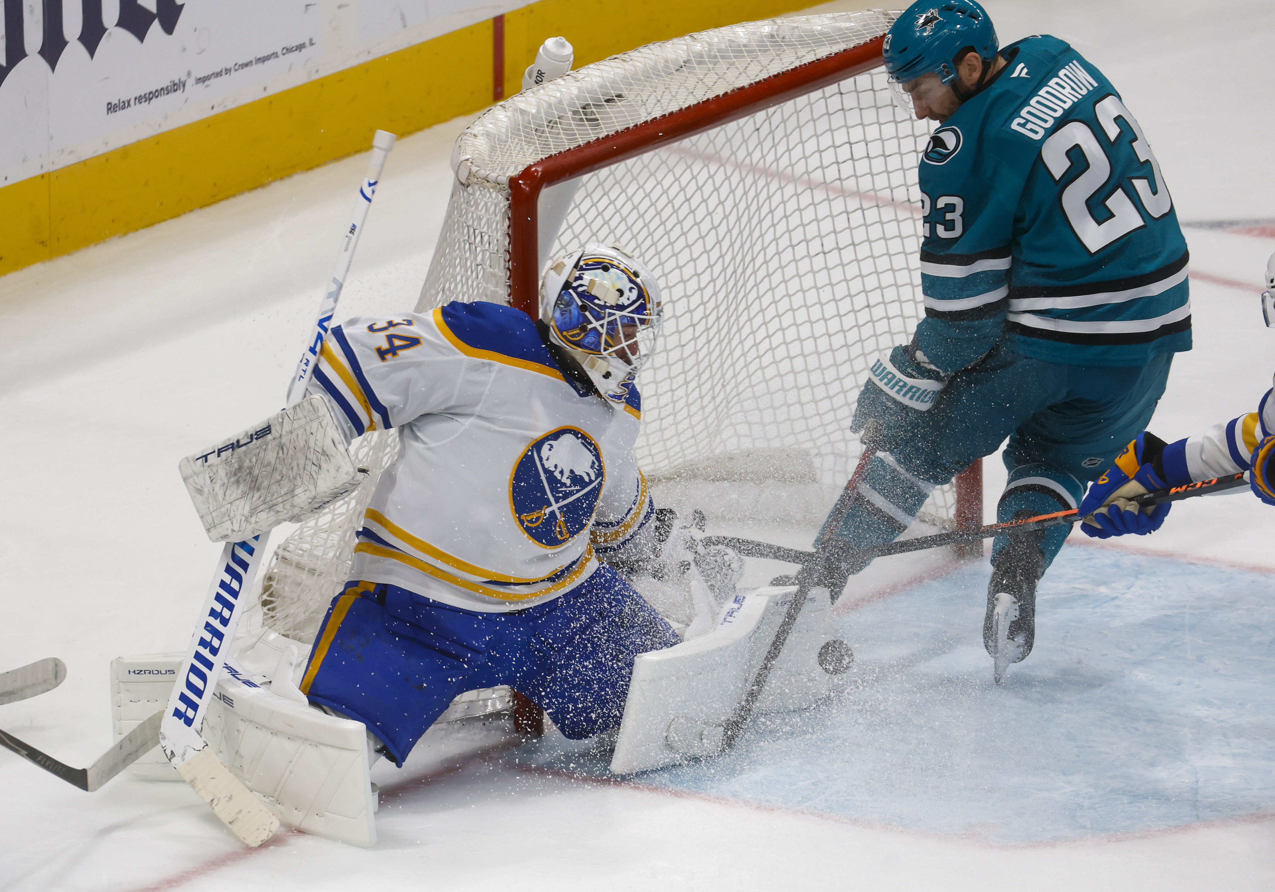 San Jose Sharks' Barclay Goodrow (23) canât get a shot...