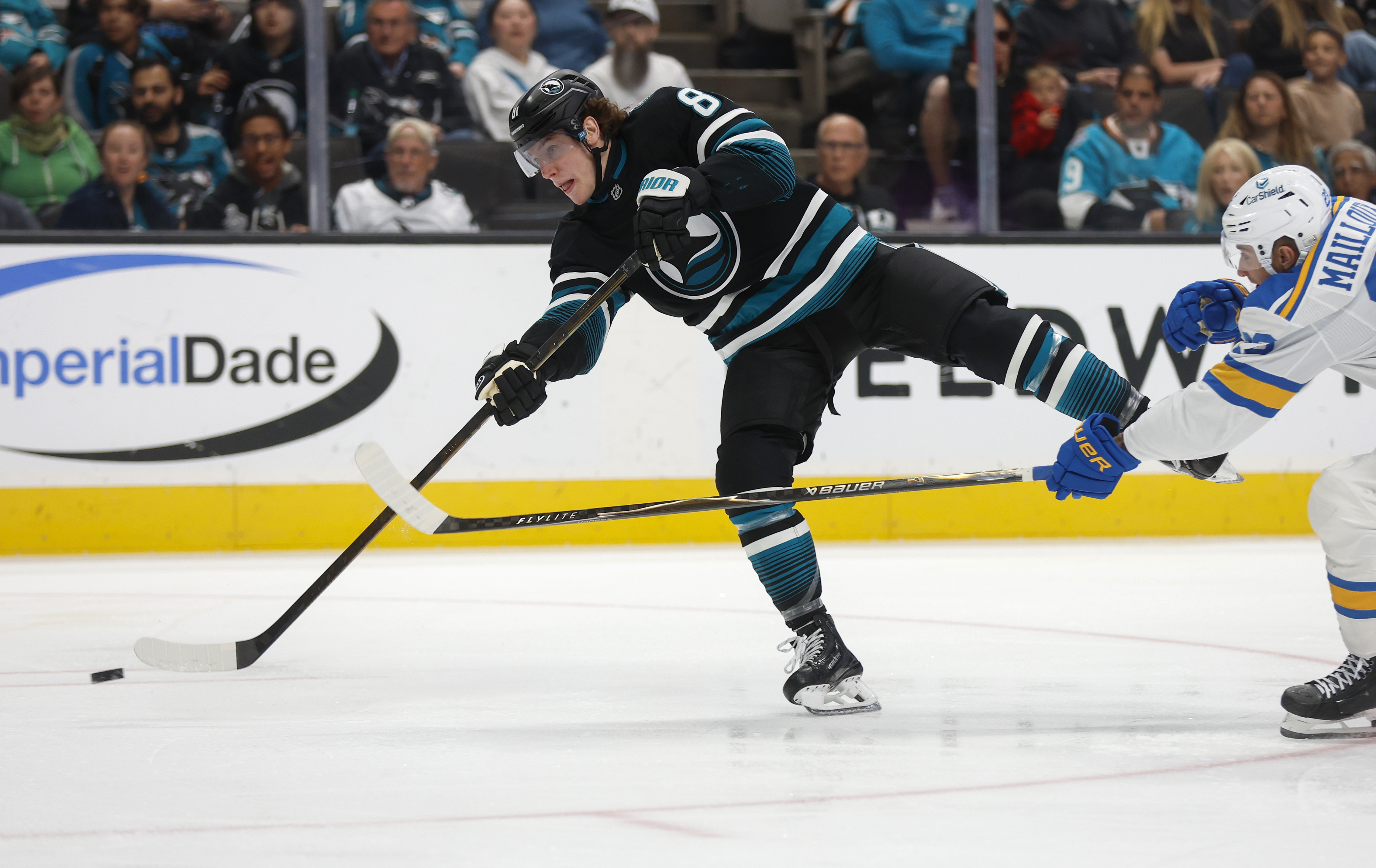 San Jose Sharks’ Adam Gaudette (81) takes a shot against...