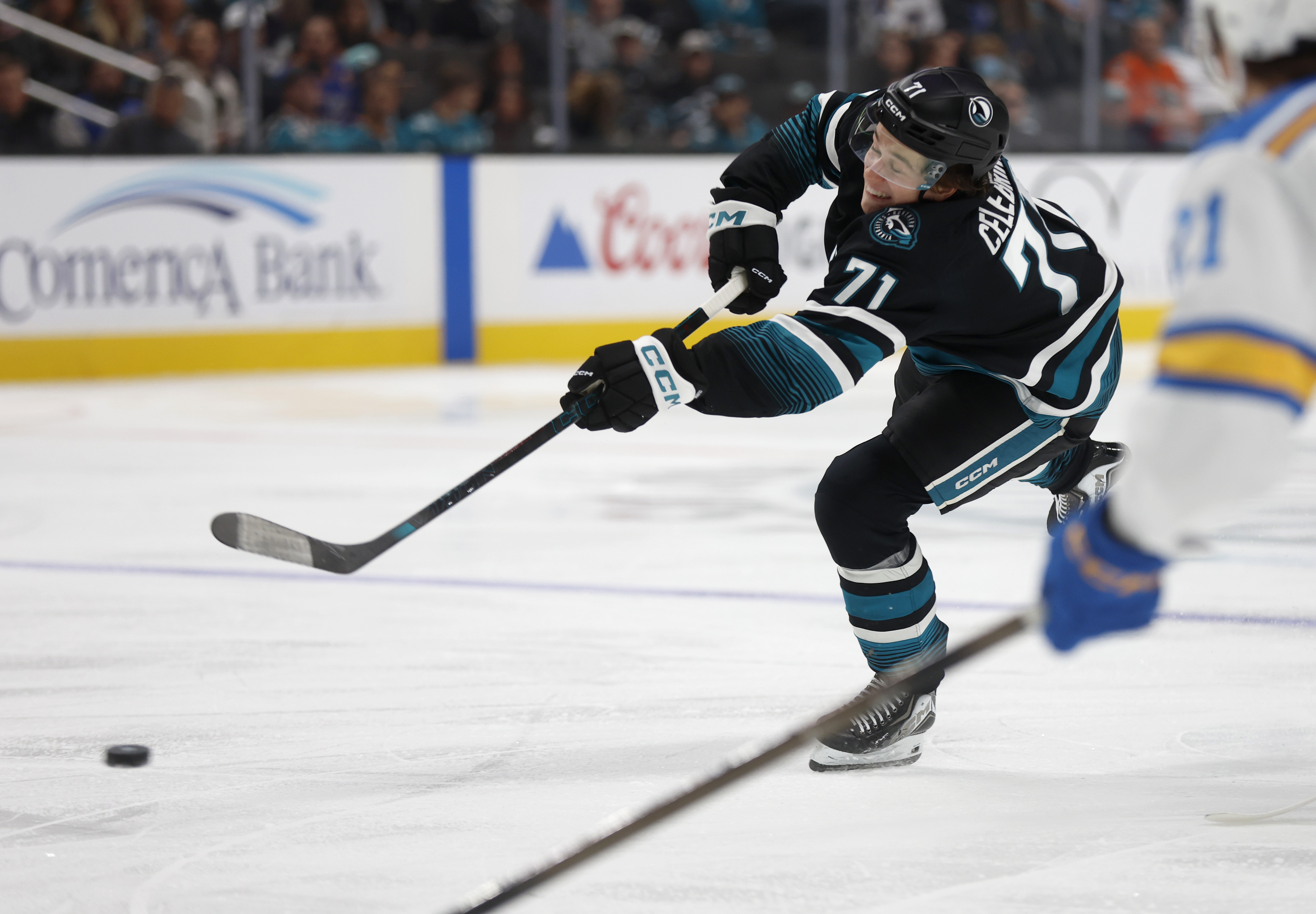 San Jose Sharks’ Macklin Celebrini (71) takes a shot against...