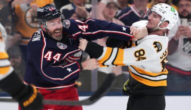 With the Bruins trailing, 2-0, on Sunday, Tanner Jeannot went toe-to-toe with the Blue Jackets' Erik Gudbranson in a spirited and lengthy bout.