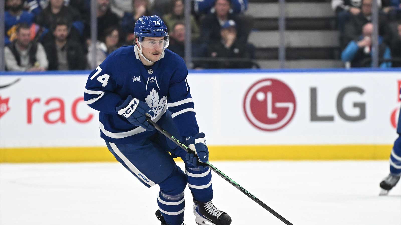 Toronto Maple Leafs forward Bobby McMann (74) skates with the puck against Los Angeles Kings in the third period at Scotiabank Arena.