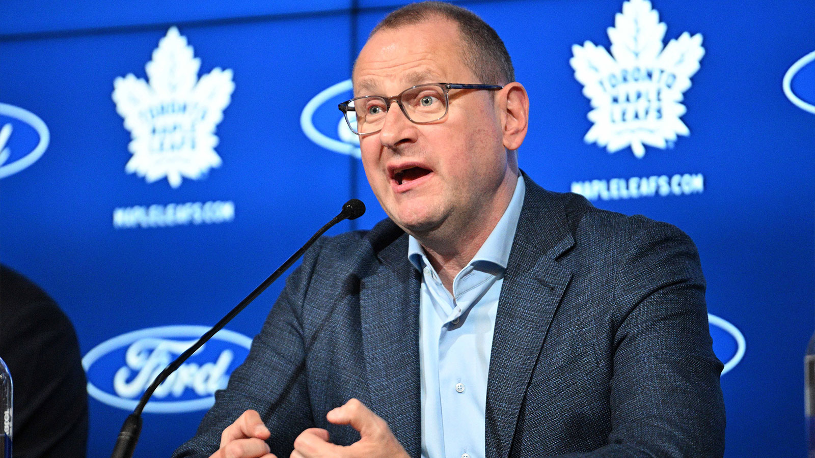 Toronto Maple Leafs general manager Brad Treliving speaks during a media conference to introduce new head coach Craig Berube (not shown) at Ford Performance Centre. 
