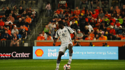 The Chicago Fire's Mbekezeli Mbokazi against the Houston Dynamo at Shell Energy Stadium on 2/21/2026
