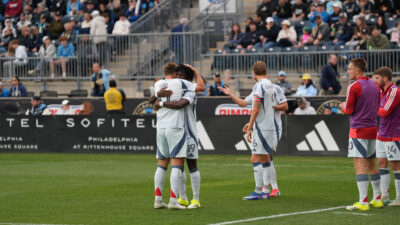 Chicago Fire FC's Robin Lod and Jonathan Bamba celebrate after combining for a goal against the Philadelphia Union on March 21, 2026 at Subaru Park in Chester, Pennsylvania