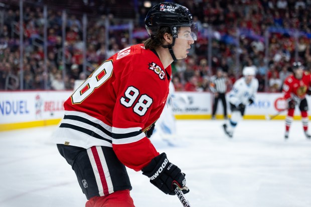 Chicago Blackhawks center Connor Bedard (98) waits for a pass in the first period against the Mammoth on Monday, March, 9, 2026, at the United Center. (Josh Boland/Chicago Tribune)