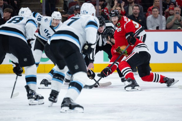 Chicago Blackhawks center Frank Nazar (91) takes a face-off in the first period against the Mammoth on Monday, March, 9, 2026, at the United Center. (Josh Boland/Chicago Tribune)