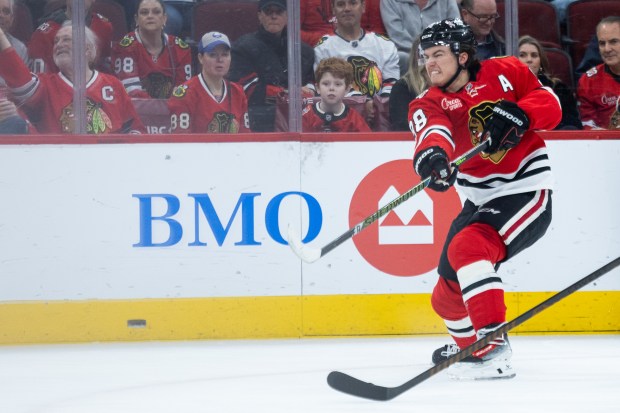 Chicago Blackhawks center Connor Bedard (98) shoots on goal in the first period against the Mammoth on Monday, March, 9, 2026, at the United Center. (Josh Boland/Chicago Tribune)