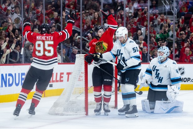 Chicago Blackhawks left wing Andrew Mangiapane throws his arm up after scoring in the first period against the Mammoth on Monday, March, 9, 2026, at the United Center. (Josh Boland/Chicago Tribune)