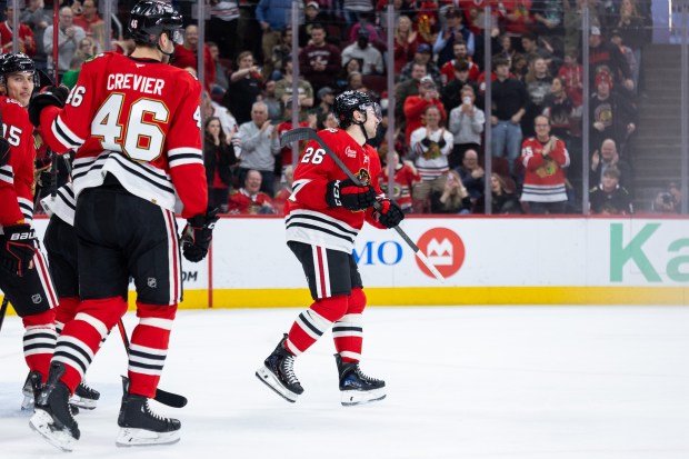 Chicago Blackhawks left wing Andrew Mangiapane (26) skates towards the bench after scoring in the first period against the Mammoth on Monday, March, 9, 2026, at the United Center. (Josh Boland/Chicago Tribune)