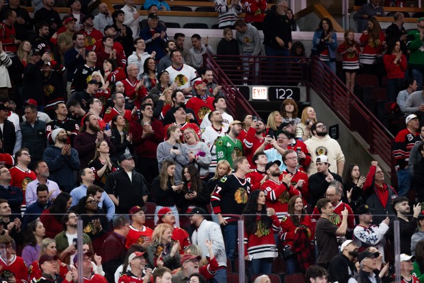 Chicago Blackhawks fans celebrate after a goal in the first period against the Mammoth on Monday, March, 9, 2026, at the United Center. (Josh Boland/Chicago Tribune)