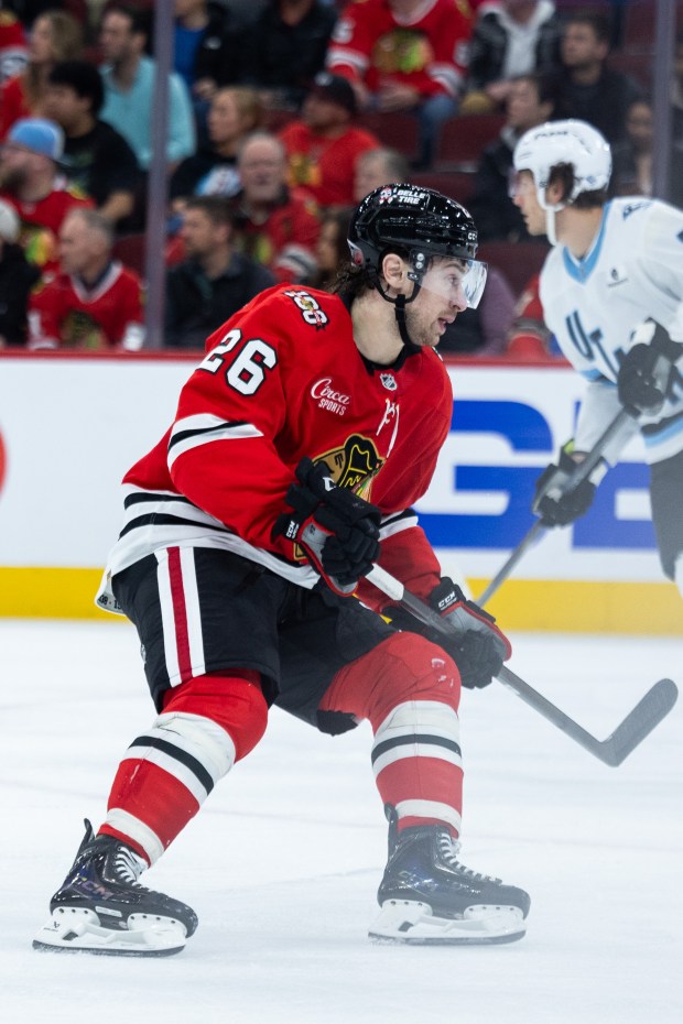 Chicago Blackhawks left wing Andrew Mangiapane (26) skates in the offensive zone in the second period against the Mammoth on Monday, March, 9, 2026, at the United Center. (Josh Boland/Chicago Tribune)
