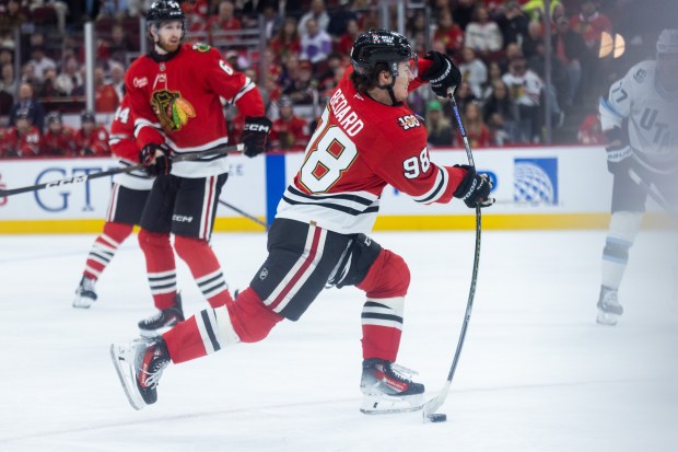 Chicago Blackhawks center Connor Bedard (98) shoots the puck in the second period against the Mammoth on Monday, March, 9, 2026, at the United Center. (Josh Boland/Chicago Tribune)