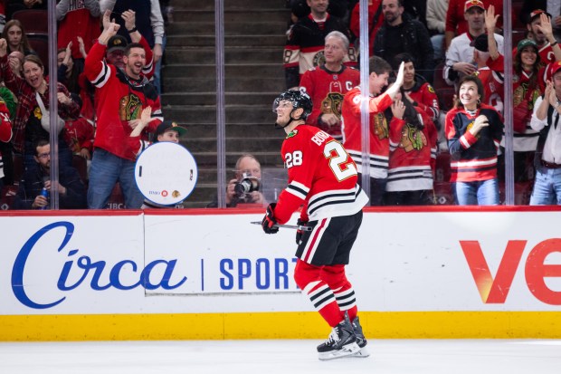 Chicago Blackhawks left wing Andre Burakovsky (28) skates towards the bench after scoring a goal in the second period against the Mammoth on Monday, March, 9, 2026, at the United Center. (Josh Boland/Chicago Tribune)