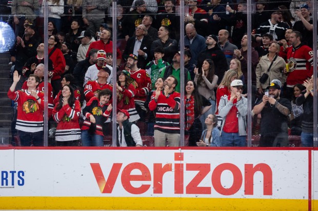 Chicago Blackhawks fans celebrate after a goal in the second period against the Mammoth on Monday, March, 9, 2026, at the United Center. (Josh Boland/Chicago Tribune)