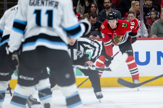 Chicago Blackhawks defenseman Louis Crevier (46) prepares for a face-off in the third period against the Mammoth on Monday, March, 9, 2026, at the United Center. (Josh Boland/Chicago Tribune)
