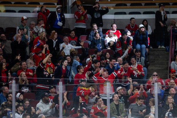 Chicago Blackhawks fans celebrate in the third period against the Mammoth on Monday, March, 9, 2026, at the United Center. (Josh Boland/Chicago Tribune)