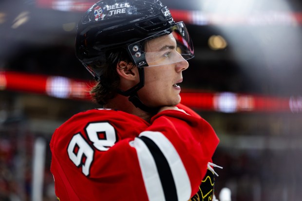Chicago Blackhawks center Connor Bedard (98) skates around in the third period against the Mammoth on Monday, March, 9, 2026, at the United Center. (Josh Boland/Chicago Tribune)