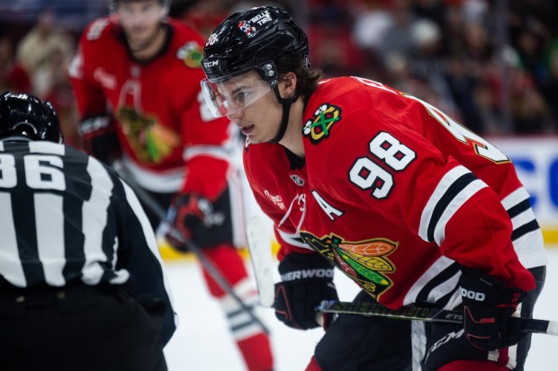 Chicago Blackhawks center Connor Bedard (98) prepares for a face-off in the third period against the Mammoth on Monday, March, 9, 2026, at the United Center. (Josh Boland/Chicago Tribune)