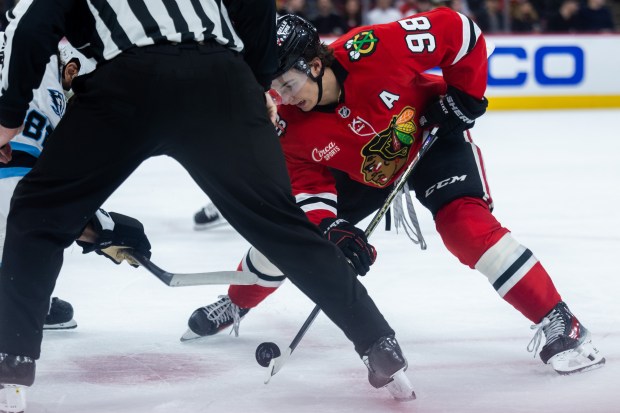 Chicago Blackhawks center Connor Bedard (98) takes a face-off in the third period against the Mammoth on Monday, March, 9, 2026, at the United Center. (Josh Boland/Chicago Tribune)
