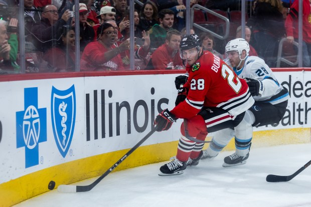 Chicago Blackhawks left wing Andre Burakovsky (28) skates with the puck Utah Mammoth defenseman Ian Cole (28) in the third period against the Mammoth on Monday, March, 9, 2026, at the United Center. (Josh Boland/Chicago Tribune)
