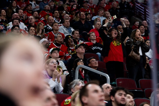 Chicago Blackhawks fans cheer in the third period against the Mammoth on Monday, March, 9, 2026, at the United Center. (Josh Boland/Chicago Tribune)