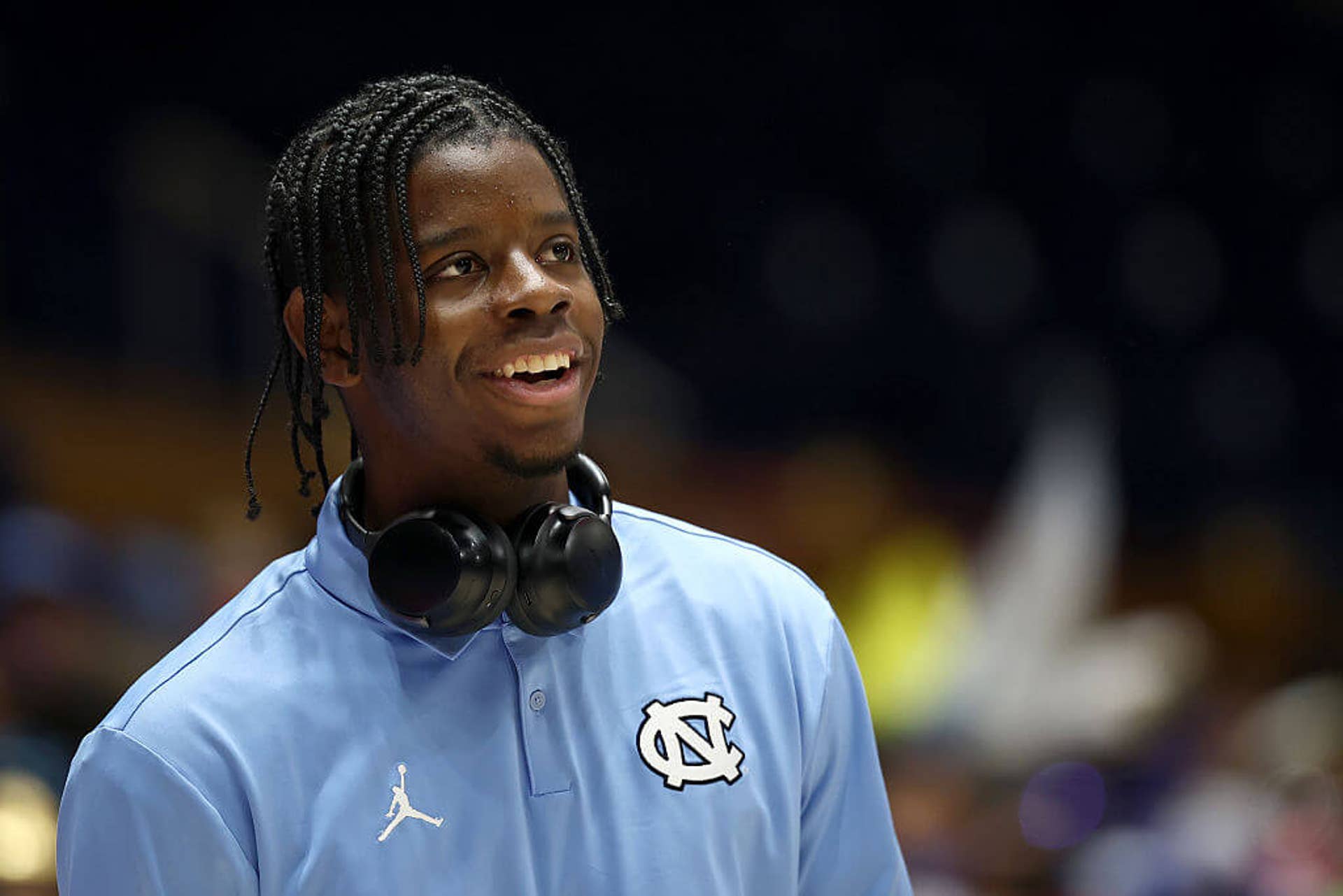 Caleb Wilson of the North Carolina Tar Heels looks on before the game against the Duke Blue Devils.