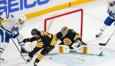 Bruins goaltender Jeremy Swayman (1) made a pad save to help preserve a 1-0 first-period lead in Tuesday night's game against the Maple Leafs at TD Garden.