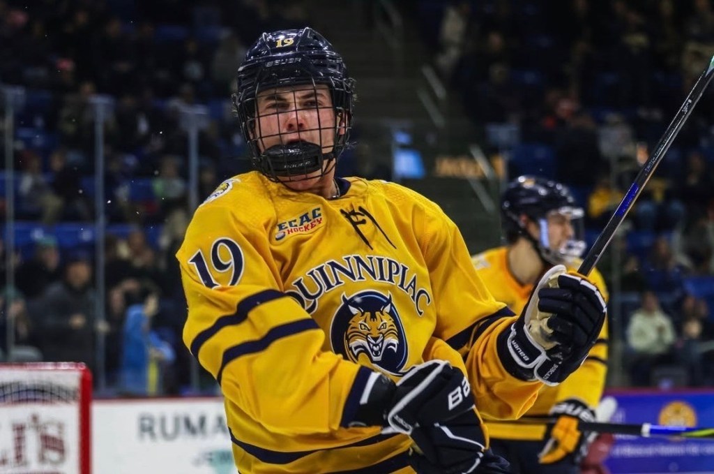 Long Island college hockey prodigy Ethan Wyttenbach of Quinnipiac, which is ranked No. 7 in the country, pictured earlier this season.