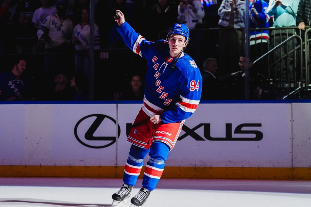 Gabe Perreault waves to the crowd after being named the third star in the Rangers' win over the Flames on March 10, 2026 at the Garden.