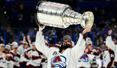 TAMPA BAY, FL - JUNE 26: Colorado Avalanche center Nazem Kadri (91) hoists the Stanley Cup after defeating the Tampa Bay Lighting 2-1 in game six of the NHL Stanley Cup Finals at Amalie Arena June 26, 2022. (Photo by Andy Cross/MediaNews Group/The Denver Post via Getty Images)