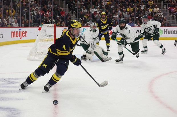 Gavin Brindley of the Michigan Wolverines plays against the Michigan State Spartans at Little Caesars Arena on February 10, 2024 in Detroit, Michigan. (Photo by Gregory Shamus/Getty Images)
