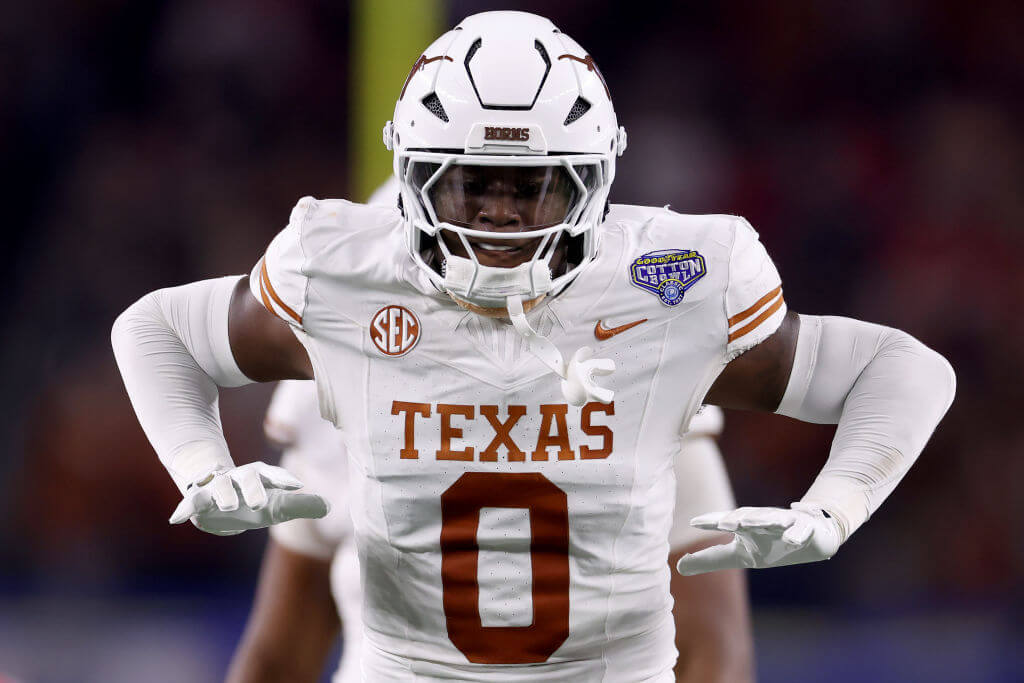 Anthony Hill Jr. #0 of the Texas Longhorns celebrates in the second quarter against the Ohio State Buckeyes during the Goodyear Cotton Bowl at AT&T Stadium on January 10, 2025, in Arlington, Texas. 