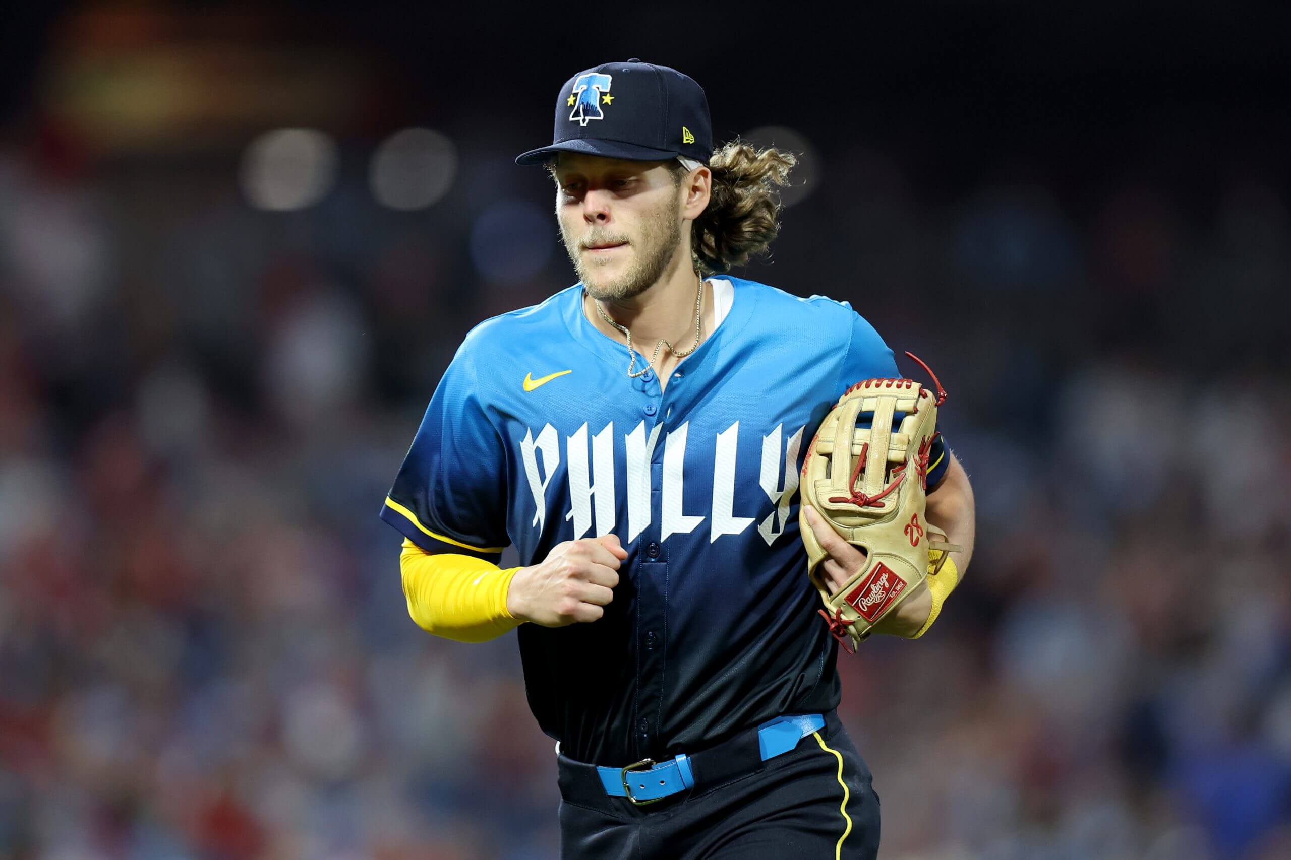 Phillies third baseman Alec Bohm runs off the field during a game last season.