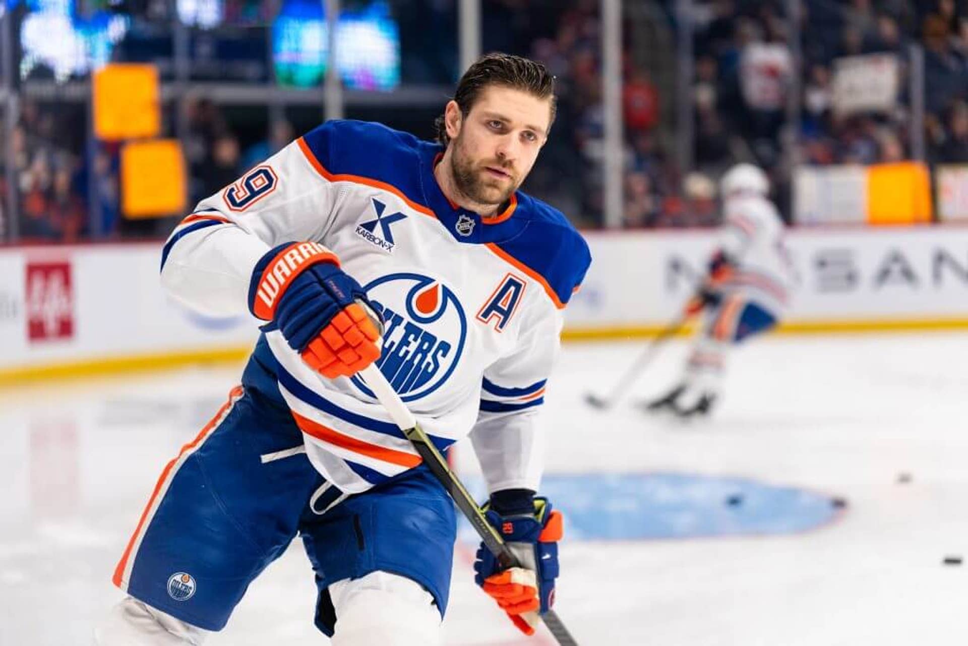 Leon Draisaitl of the Edmonton Oilers skates during warmup against the Winnipeg Jets at Canada Life Centre on Dec. 29, 2025.