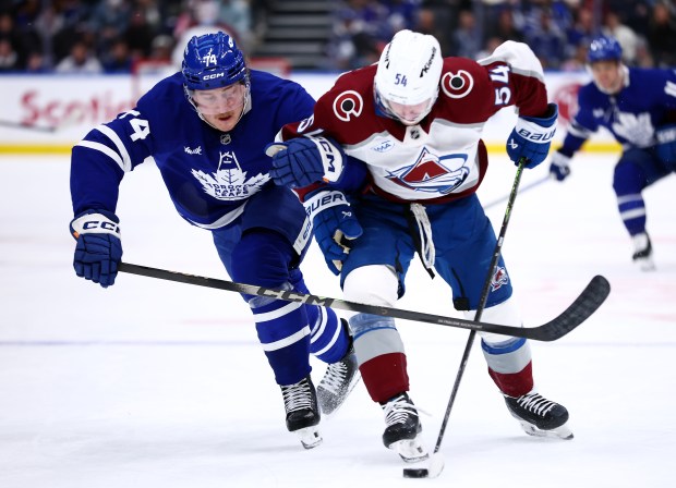 Bobby McMann #74 of the Toronto Maple Leafs and Gavin Brindley #54 of the Colorado Avalanche battle for the puck during the third period at Scotiabank Arena on January 25, 2026 in Toronto, Ontario, Canada. (Photo by Vaughn Ridley/Getty Images)